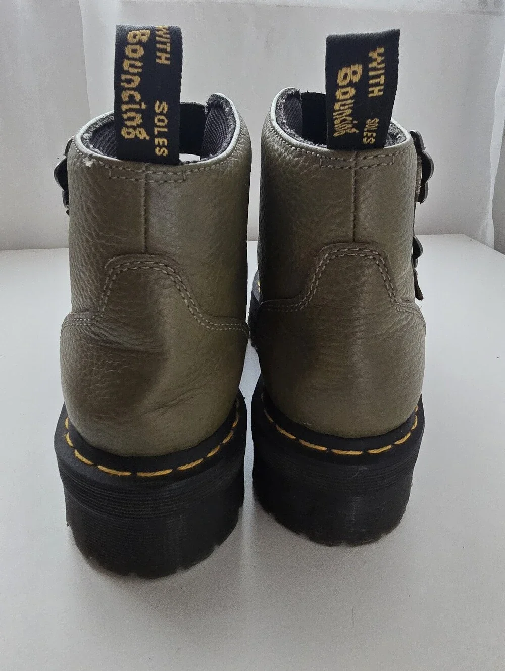 Dr. Martens Devon Flower Buckle Platform Boots Khaki Green US 10